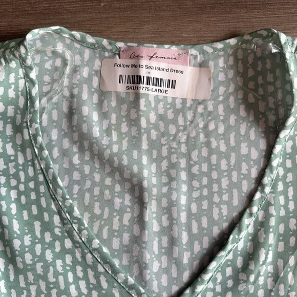 Ces Femme Sea Island Dress L Green White Ditsy Flutter Sleeve Cottagecore Boho - Picture 6 of 9
